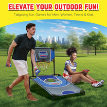 Cornhole shootout set with blue board and hoop net on black frame, bean bags included