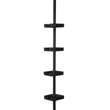 Matte black 4-tier corner shower caddy with vertical tension pole and four shelves