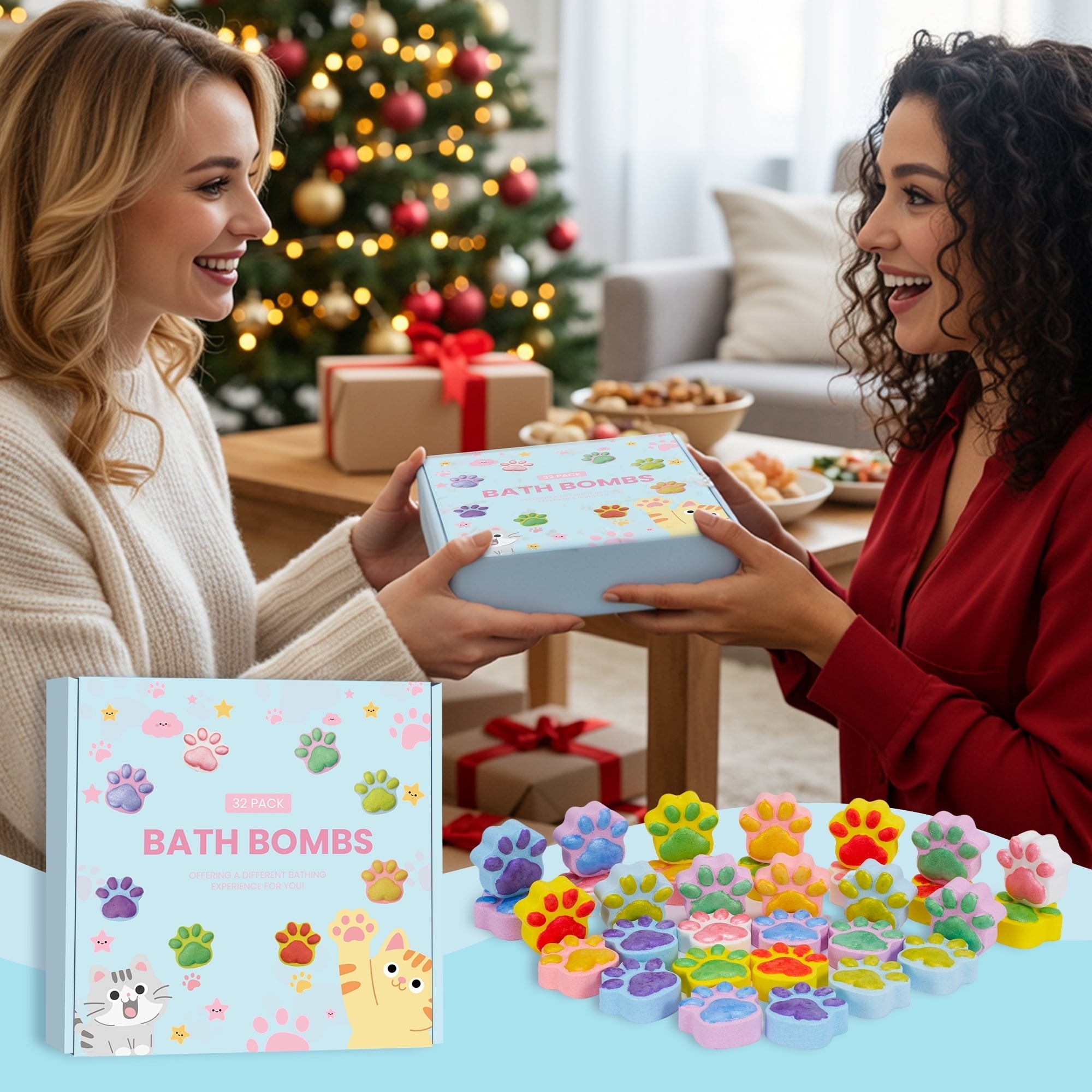 Bath Bomb Gift Set, 32 Pcs Natural Organic Cat Paw Bath Bombs with Rich Fizz,Shea & Coco Butter Dry Skin Moisturize,SPA Relaxing Gifts for Women & Men, Girls, Wife, Birthday