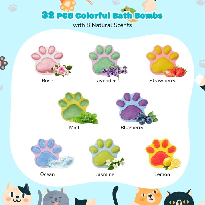 Bath Bomb Gift Set, 32 Pcs Natural Organic Cat Paw Bath Bombs with Rich Fizz,Shea & Coco Butter Dry Skin Moisturize,SPA Relaxing Gifts for Women & Men, Girls, Wife, Birthday