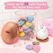 Jar packed with pastel bath bombs with pink ribbon accents and a small bunny figurine