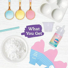 Bath bomb baking kit “What You Get” layout with bath bomb pieces and included items