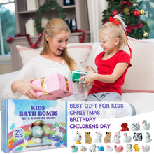 Kids with kids bath bombs gift boxes and a tray of surprise animal toys