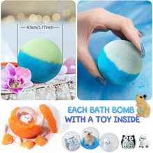 Blue bath bomb in hand, with toy-hidden bath bomb and colorful bath bomb pieces