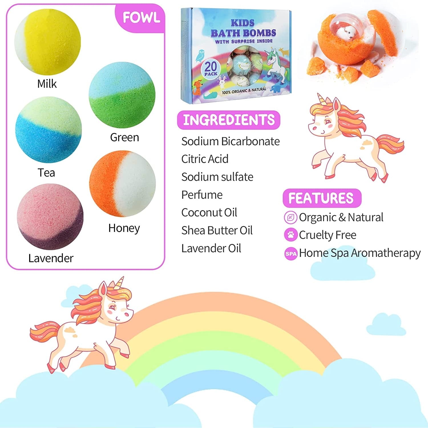 PickMora Bath Bombs for Kids, 20 Pcs Handmade Natural & Organic Bath Bombs with Surprise Toy inside- PickMora