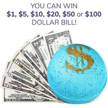 Blue bath bomb with gold design next to folded dollar bills