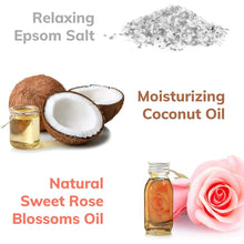 Bath bomb ingredient graphic with coconut oil, rose blossom oil, and Epsom salt