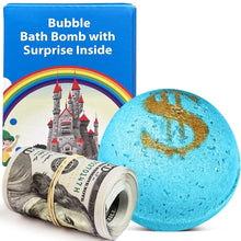Blue bath bomb with gold design and rolled money surprise bundle