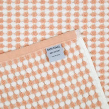 2-piece bath towel set corner with “BATH TOWEL” cotton label, pink dot-check