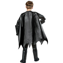 Kids Batman-style costume rear view with full black cape and padded back armor panels.