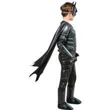 Kids superhero costume back and side view with black cape and molded gauntlets and boots.