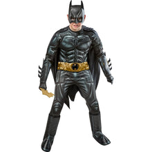 Kids armored Batman-style costume with molded suit details, yellow belt, and flowing cape.