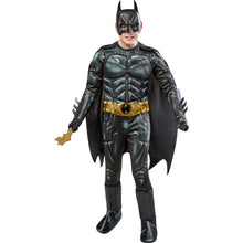 Kids superhero muscle suit with chest armor, yellow utility belt, black cape, and gauntlets.