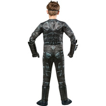 Kids Batman-style costume back view with sculpted torso and legs, black gloves, and cape.