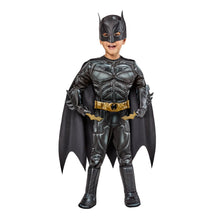 Toddler Batman costume front view: bat mask, cape, gold belt, armored gray-black suit
