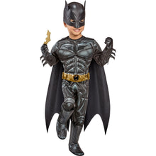 Toddler Batman costume holding bat: bat mask, cape, gold belt, armored muscle suit