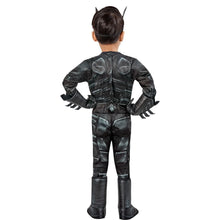 Toddler Batman costume rear view: armored gray-black pants, gloves, and cape