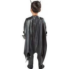 Toddler Batman costume back view: long cape and armored gray-black suit with boots