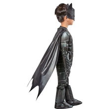 Toddler Batman costume side view: bat cape and armored gray-black suit with boots