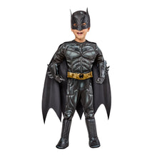 Toddler Batman costume with bat mask, cape, gold belt, armored gray muscle suit