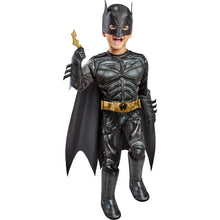 Toddler Batman costume with bat mask, cape, gold belt, armored muscle suit, raised hand