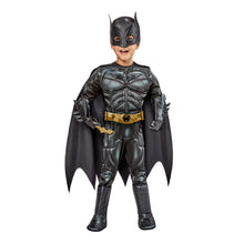 Toddler Batman costume: bat mask, cape, gold belt, armored gray-black muscle suit