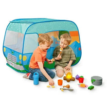 Blue camper van fabric pop-up tent with two children playing inside