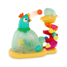 Chicken ball popper toy with stacked colorful tiers and translucent dome base