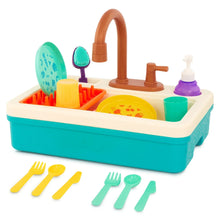 Toddler plastic sink set with brown faucet, soap pump bottle, and colorful dishes