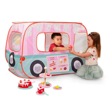 Pink and teal fabric pop-up shop tent with front opening and dessert play accessories