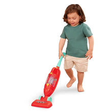 Toddler red and teal toy vacuum with clear dust chamber and brush base