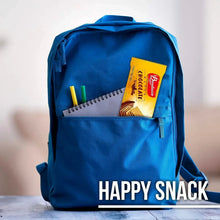 Wafer snack pack in side pocket of a blue backpack