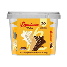 Bauducco wafer tub container with 20-pack label for vanilla and chocolate wafers