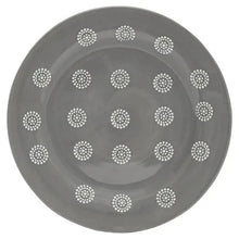 Gray ceramic serving plate with white dot and ring pattern