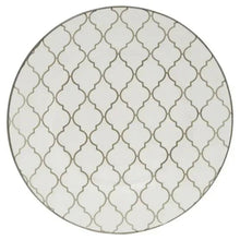 White dinner plate with gray quatrefoil trellis pattern