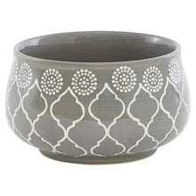 Gray bowl with white quatrefoil and dot medallion border pattern