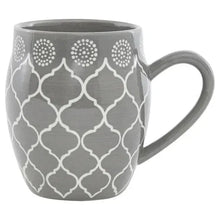 Gray ceramic mug with white quatrefoil and dot pattern, curved handle