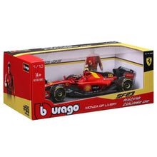 Die-cast Formula car model in retail box, red and black body with yellow details
