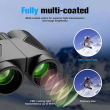 Black binoculars with close-up lens detail, showing coated optics highlights