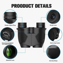 Black binoculars showing focusing wheel and lens components, labeled detail view