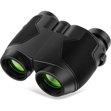 Black compact binoculars with textured grip and twin eyepieces, close-up view