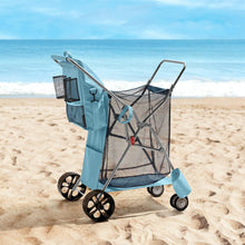 Member’s Mark beach cart with blue mesh basket, side pockets, and 4 wheels