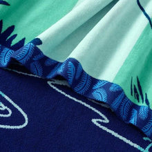 Beach towel with teal and navy striped pattern and blue border trim