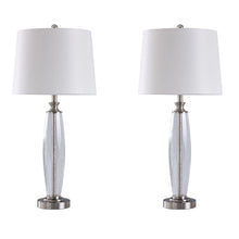 Table lamp set of 2 with white shades, clear glass stems, and metal bases