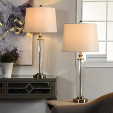 Table lamp set with off-white fabric shades and brushed metal textured bases