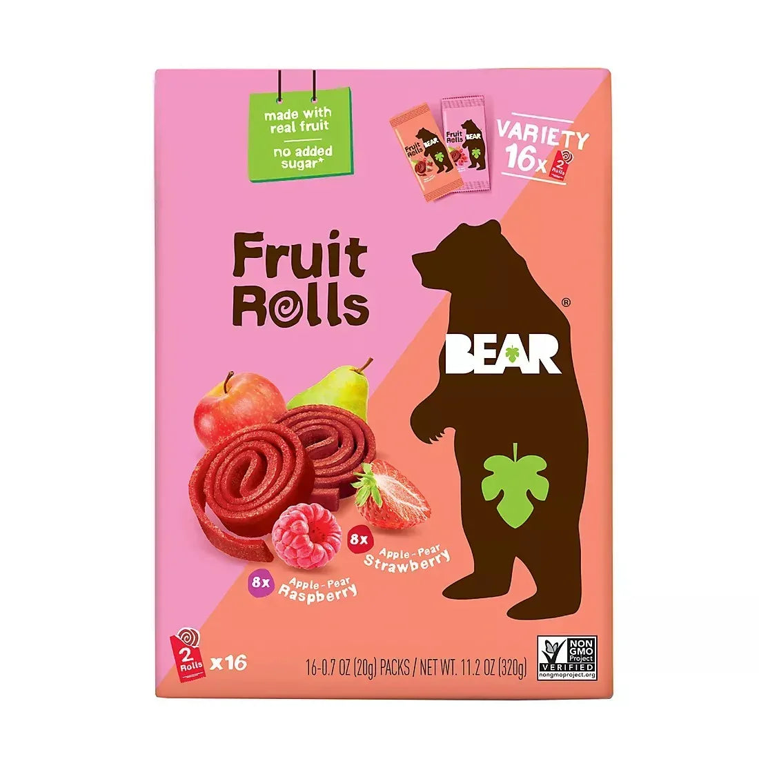 Bear Real Fruit Snack Rolls, Strawberry & Raspberry Variety Pack, 16 ct.