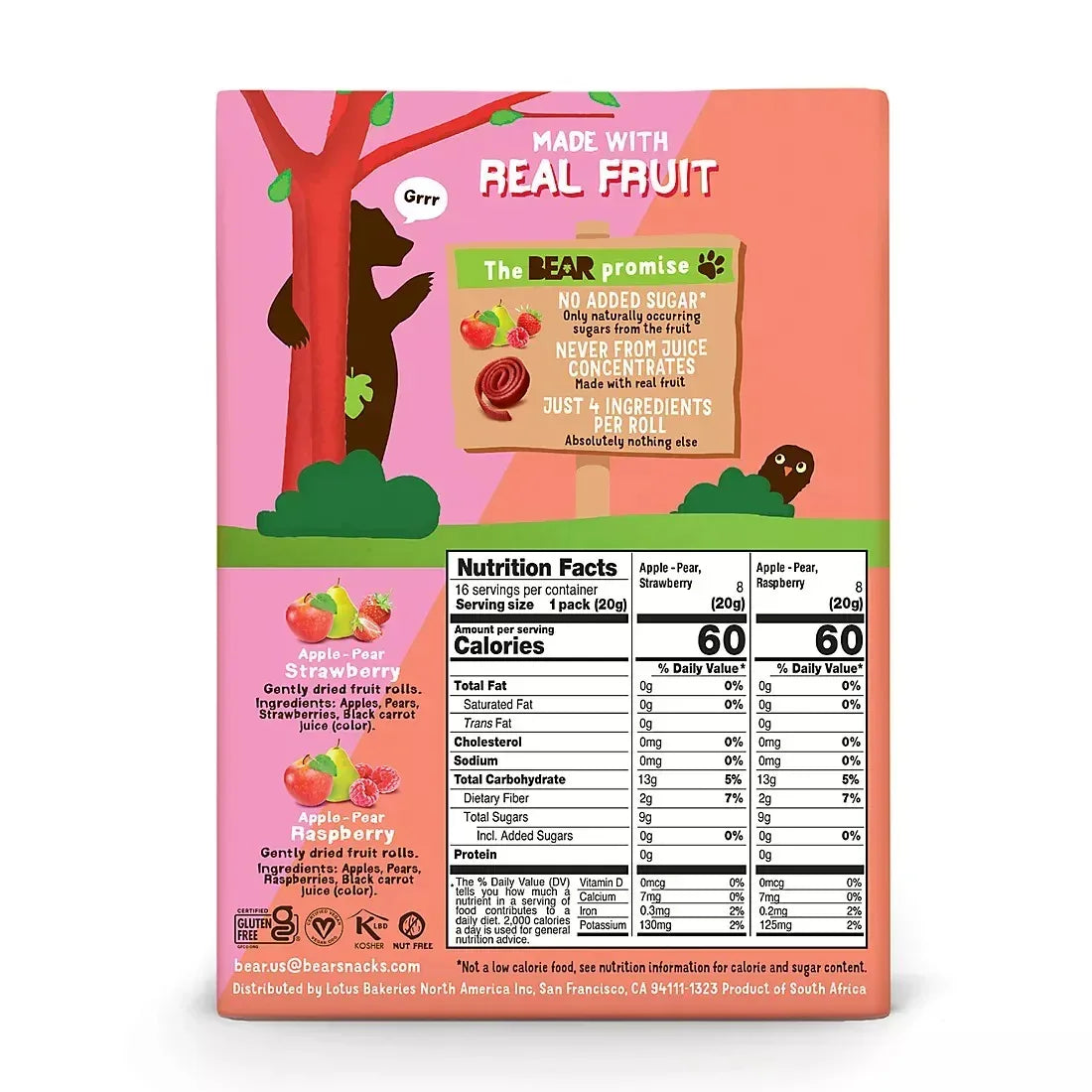 Bear Real Fruit Snack Rolls, Strawberry & Raspberry Variety Pack, 16 ct.