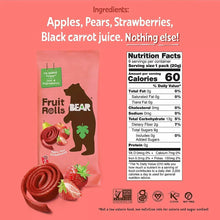 Fruit roll snack single pouch with strawberry graphics and nutrition facts