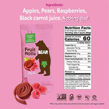 Fruit roll snack single pouch with raspberry graphics and nutrition facts