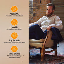 Beard Guyz 2-in-1 wash & tame conditioner with ingredient icons: argan oil, keratin, soy protein